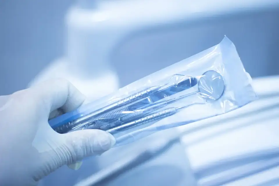 medical dental tools in plastic packaging